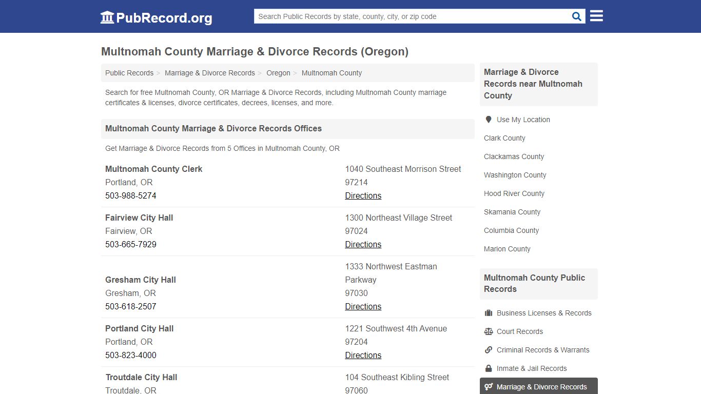 Multnomah County Marriage & Divorce Records (Oregon)